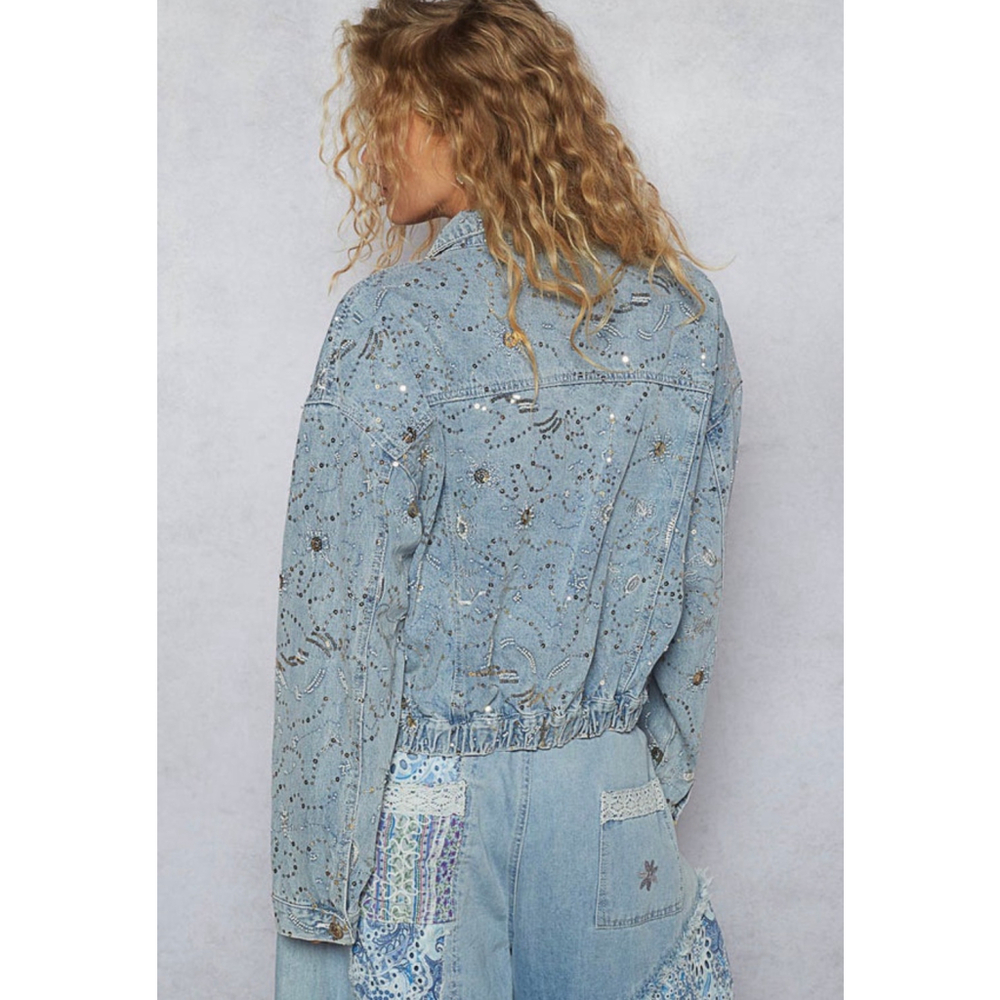 Women's Pol Light Blue Sequin Embellished Jean Jacket L - Picture 3 of 7